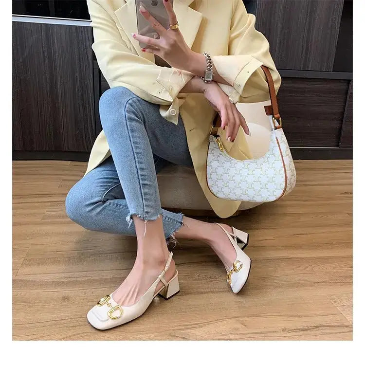 2021 new French horsebit single shoes fashion thick high heels small square head shallow mouth Mary Jane shoes toe sandals women - alvin