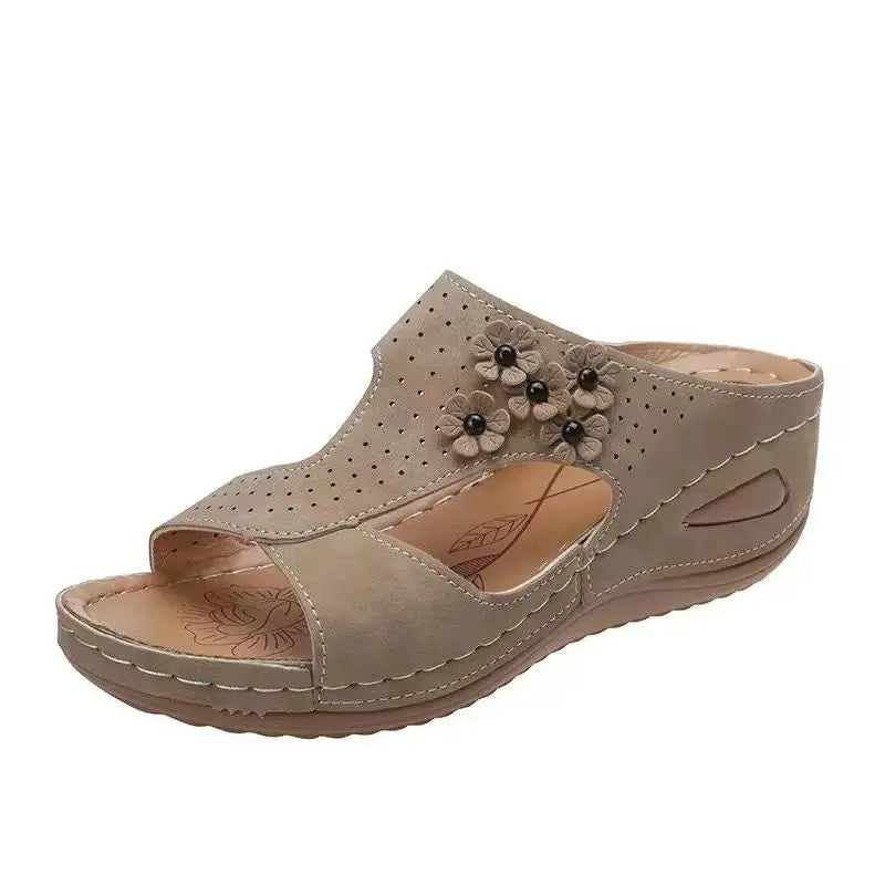 2022 autumn new large size foreign trade women's shoes hollow solid color open toe wedge fish mouth slipper - alvin