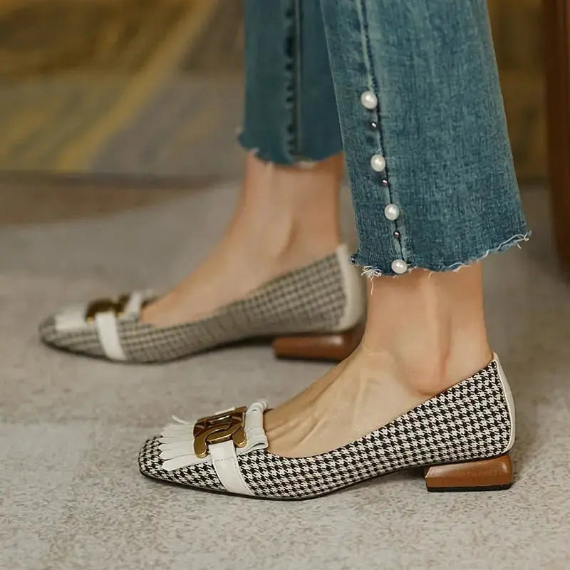 Aiertu  New Genuine Leather Women Shoes Fashion Tassel Beads Spring Pump Square Toe Slip-On Casual Shoes Thick Heel Size 35-42 Handmade - alvin
