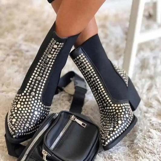 Autumn and winter women's boots sexy pointed denim style large size rivets elastic women shoes - alvin