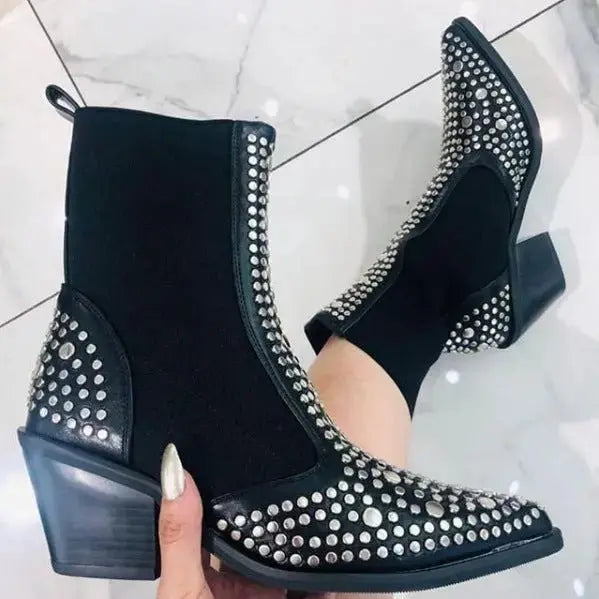 Autumn and winter women's boots sexy pointed denim style large size rivets elastic women shoes - alvin