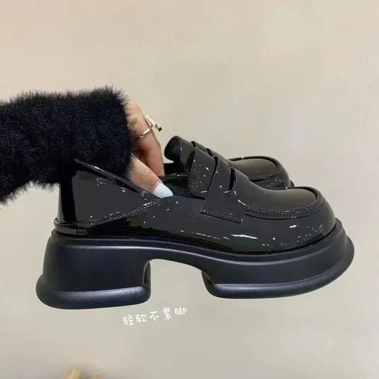 Design sense niche one-step thick-soled sponge cake square-toe small leather shoes female British style black small height increase single shoes - alvin