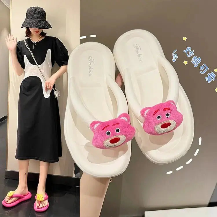 Internet celebrity cute cartoon bear flip flops outer wear sandals 2022 summer new color flat bottom shit feeling women's shoes - alvin