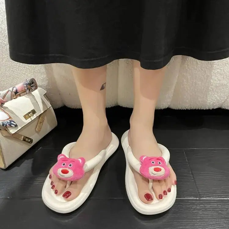 Internet celebrity cute cartoon bear flip flops outer wear sandals 2022 summer new color flat bottom shit feeling women's shoes - alvin