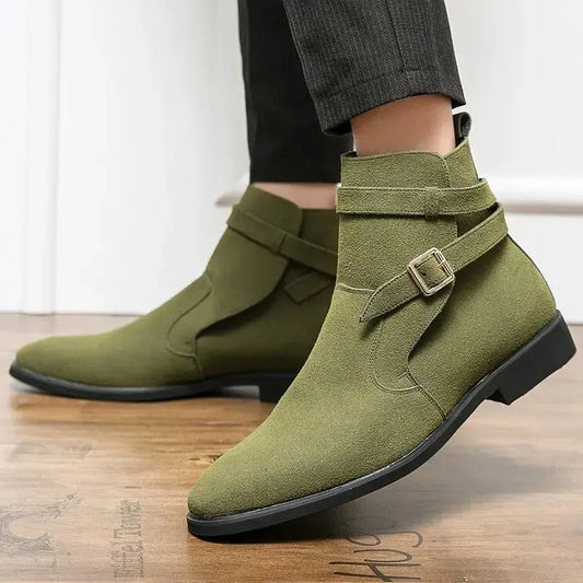 New Green Retro Men's Boots Buckle Design Suede Leather Boots Dress Formal Boots Casual Winter Chelsea Men Shoes botas de hombre - alvin