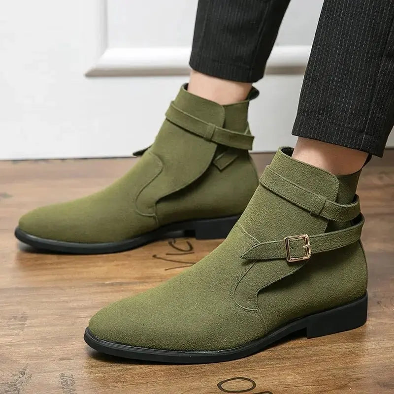 New Green Retro Men's Boots Buckle Design Suede Leather Boots Dress Formal Boots Casual Winter Chelsea Men Shoes botas de hombre - alvin