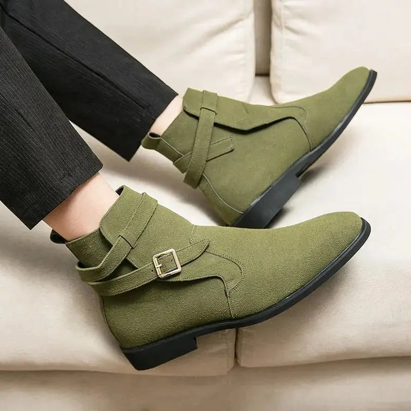 New Green Retro Men's Boots Buckle Design Suede Leather Boots Dress Formal Boots Casual Winter Chelsea Men Shoes botas de hombre - alvin