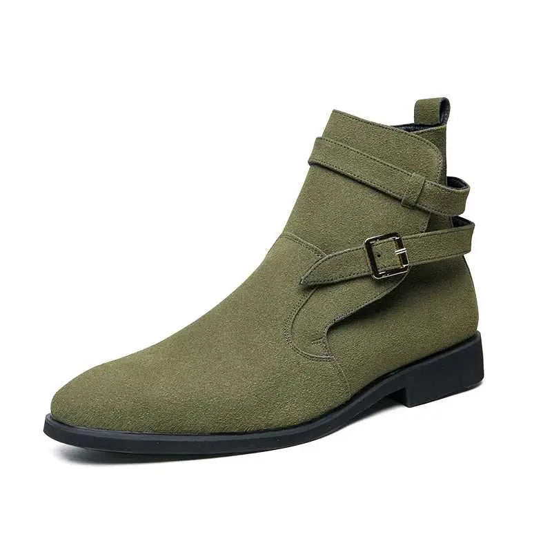 New Green Retro Men's Boots Buckle Design Suede Leather Boots Dress Formal Boots Casual Winter Chelsea Men Shoes botas de hombre - alvin