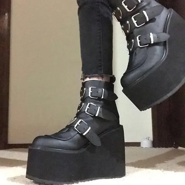 Purpdrank INS Hot Brand New Gothic Street Women's Knee High Boots Platform Wedges High Heels Buckle Boots For Women Punk Shoes Woman - Channelwill