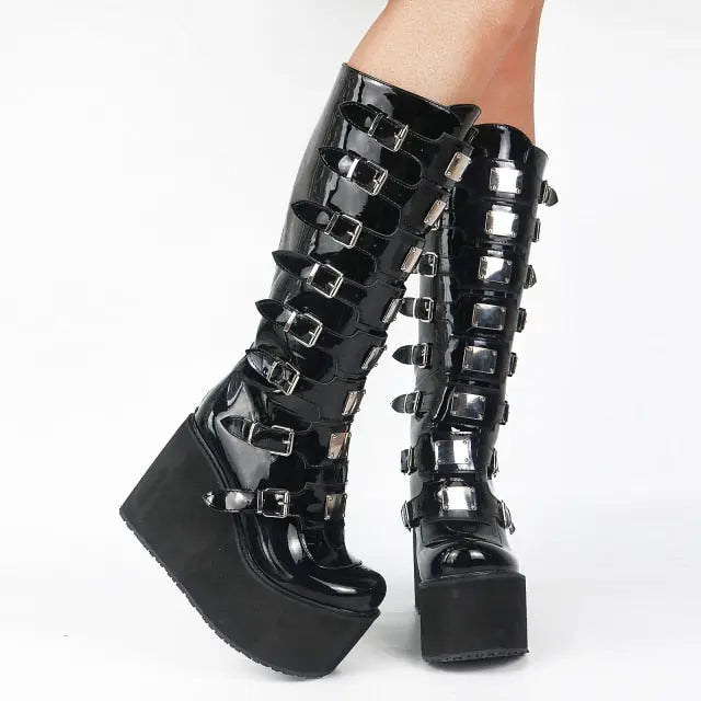 Purpdrank INS Hot Brand New Gothic Street Women's Knee High Boots Platform Wedges High Heels Buckle Boots For Women Punk Shoes Woman - Channelwill