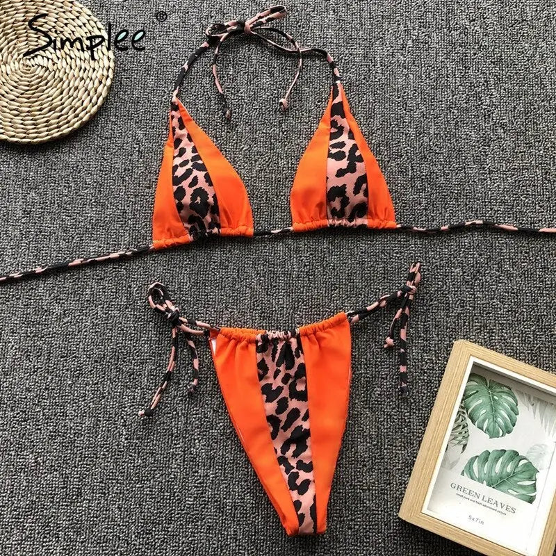 Summer Sexy leopard print two-pieces women swimsuit Spaghetti strap summer swimsuit Lace up beach holiday female bikini 2019 - alvin