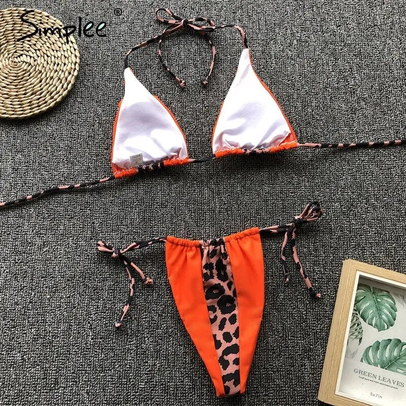 Summer Sexy leopard print two-pieces women swimsuit Spaghetti strap summer swimsuit Lace up beach holiday female bikini 2019 - alvin