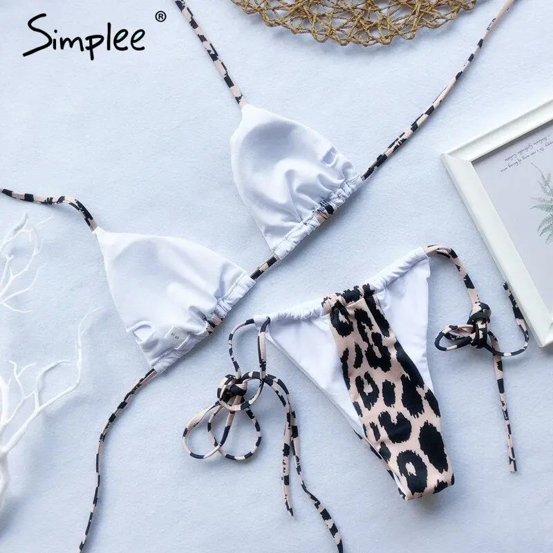 Summer Sexy leopard print two-pieces women swimsuit Spaghetti strap summer swimsuit Lace up beach holiday female bikini 2019 - alvin