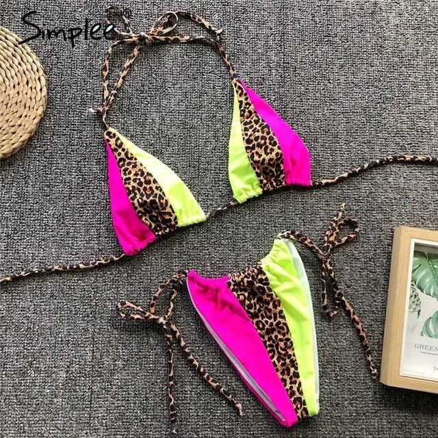 Summer Sexy leopard print two-pieces women swimsuit Spaghetti strap summer swimsuit Lace up beach holiday female bikini 2019 - alvin