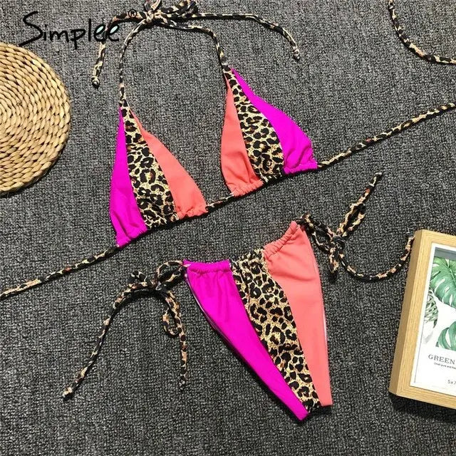 Summer Sexy leopard print two-pieces women swimsuit Spaghetti strap summer swimsuit Lace up beach holiday female bikini 2019 - alvin