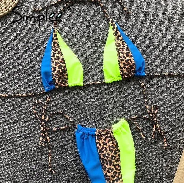 Summer Sexy leopard print two-pieces women swimsuit Spaghetti strap summer swimsuit Lace up beach holiday female bikini 2019 - alvin