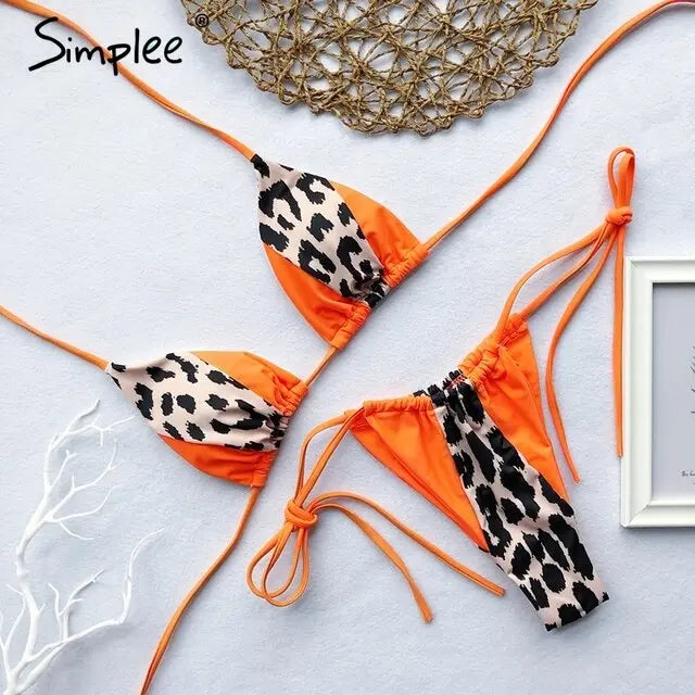 Summer Sexy leopard print two-pieces women swimsuit Spaghetti strap summer swimsuit Lace up beach holiday female bikini 2019 - alvin