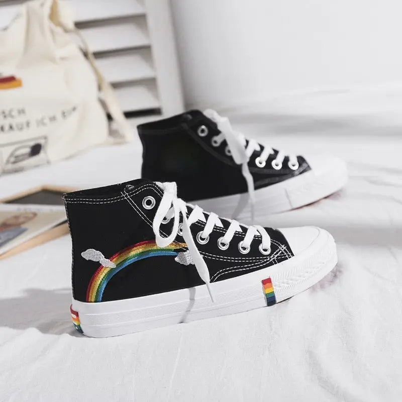 Women Canvas Sneakers Rainbow High Top Canvas Shoes Woman Sneakers Vulcanized Shoes Fashion Summer Sneaker Flats White Shoes - Channelwill