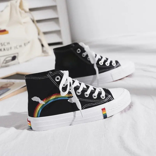 Women Canvas Sneakers Rainbow High Top Canvas Shoes Woman Sneakers Vulcanized Shoes Fashion Summer Sneaker Flats White Shoes - Channelwill
