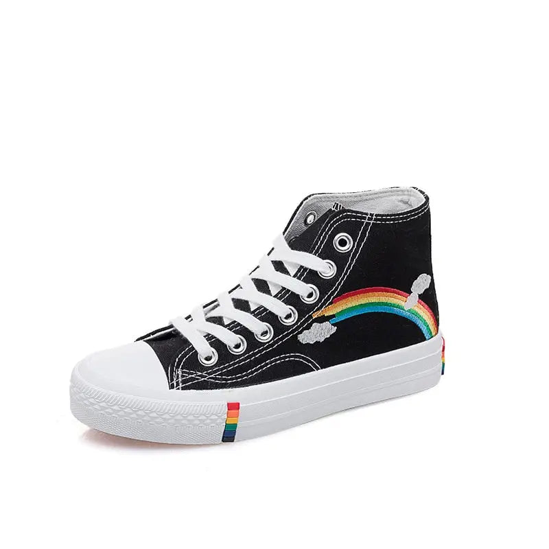 Women Canvas Sneakers Rainbow High Top Canvas Shoes Woman Sneakers Vulcanized Shoes Fashion Summer Sneaker Flats White Shoes - Channelwill