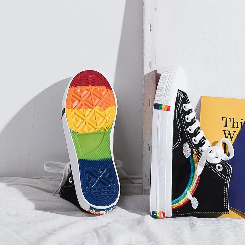 Women Canvas Sneakers Rainbow High Top Canvas Shoes Woman Sneakers Vulcanized Shoes Fashion Summer Sneaker Flats White Shoes - Channelwill