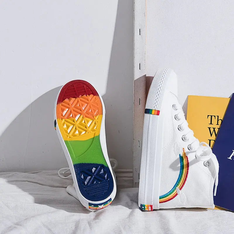 Women Canvas Sneakers Rainbow High Top Canvas Shoes Woman Sneakers Vulcanized Shoes Fashion Summer Sneaker Flats White Shoes - Channelwill